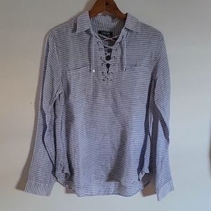 LANDS END | Linen Popover Blue White Striped Lace Up Top